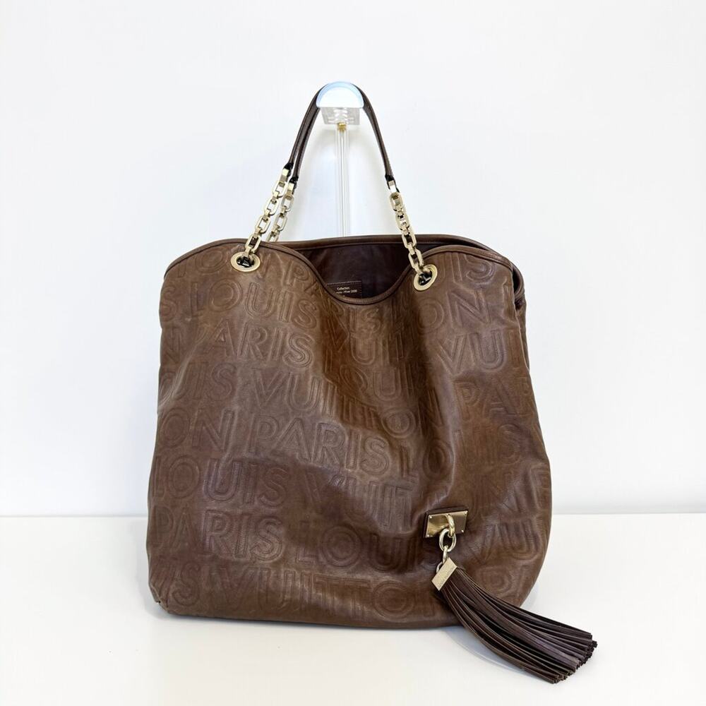 LOUIS VUITTON  Paris Souple Whisper GM Brown Leather Hobo Bag Chain Tassel Charm